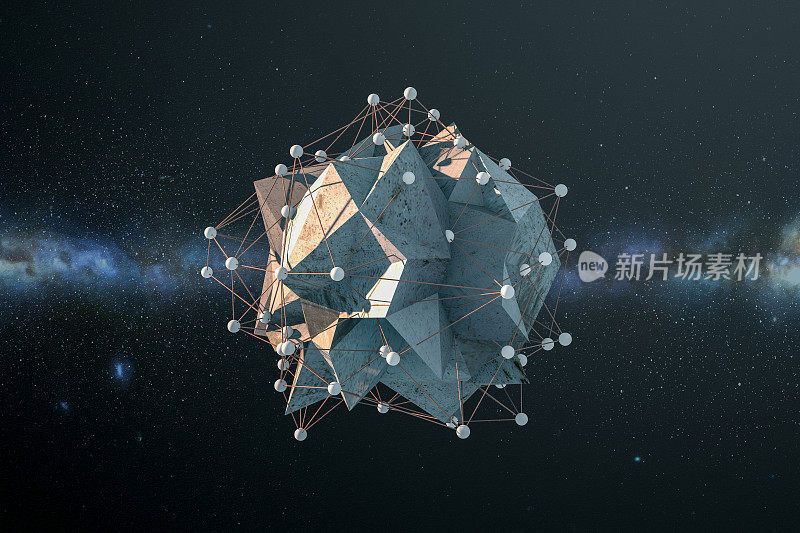 Global digital mesh network with low poly rock，区块链Concept